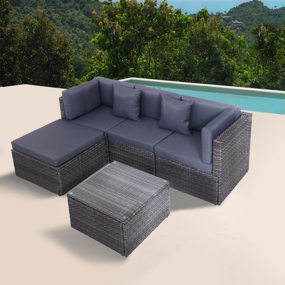 Panana Rattan Garden Furniture Set 4 Seater Wicker Patio Lounge Sofas Chairs Coffee Table Cushions Sectional Modular Combination for Outdoor Backyard Poolside (Mixed Grey Wicker with Grey Cushions)