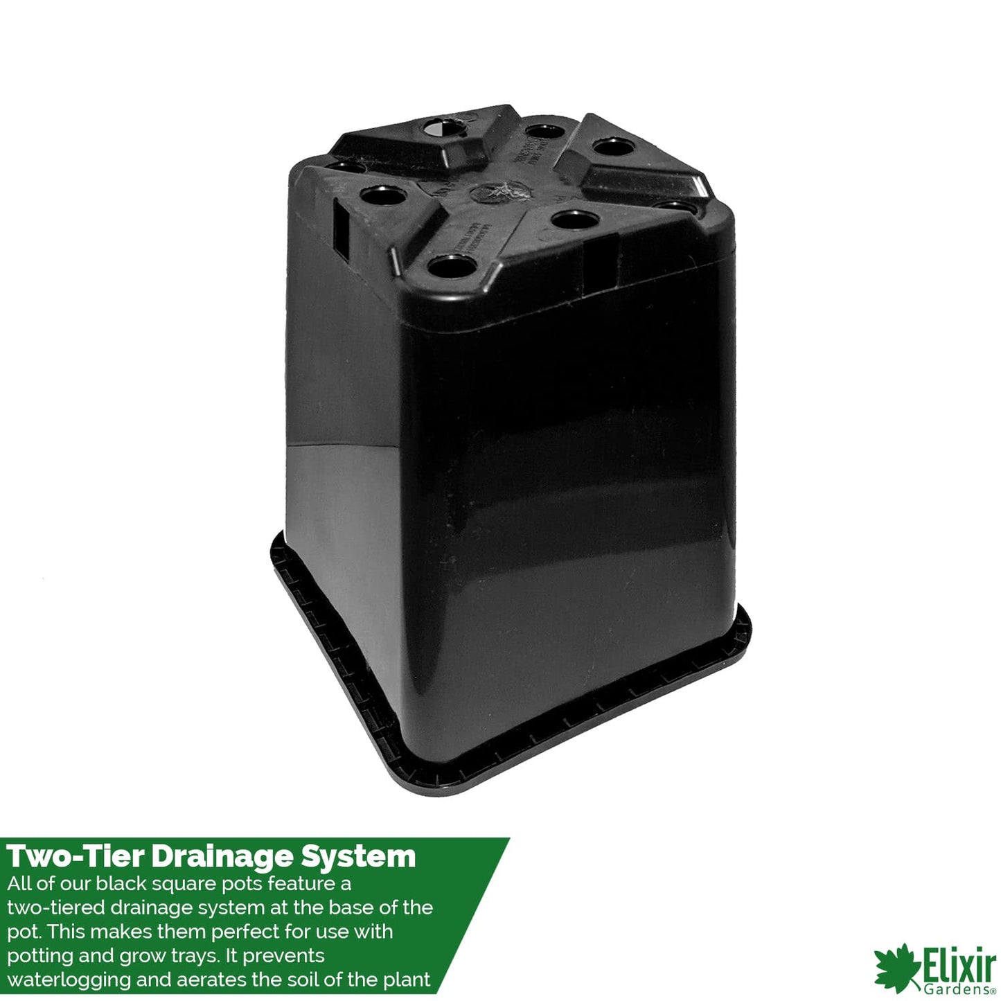 Elixir Gardens | Strong Square Black Recycled Plastic Hydroponic Pots | .25L / .75L / 1L / 2L / 3L / 4.5L / 5.5L / 11L Quantities 1-1000 | 3 Litre x 10