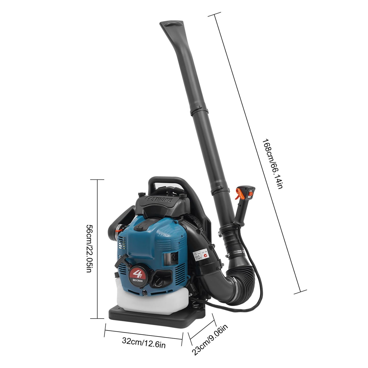 Petrol Backpack Leaf Blower 75.6cc Gas leaf blower 4-Stroke Powerful Air Cooled Engine 1.9L Blue Fuel Tank Powerful Wind Force Ergonomic Design Snow for Lawn Care Road Cleaning, 2.6kw/7000r/min