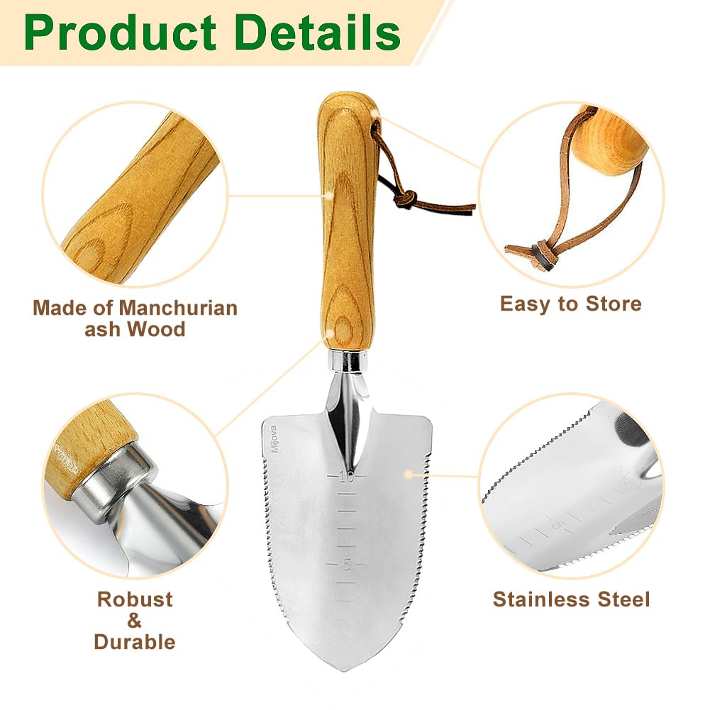 Garden Trowel, Hand Trowels Shovel with Measuring Depth Mark, Ergonomic Wood Grain Handle, Stainless Steel Gardening Tool for Planting, Weeding, Transplanting and Smoothing Soil (Trowels-1)