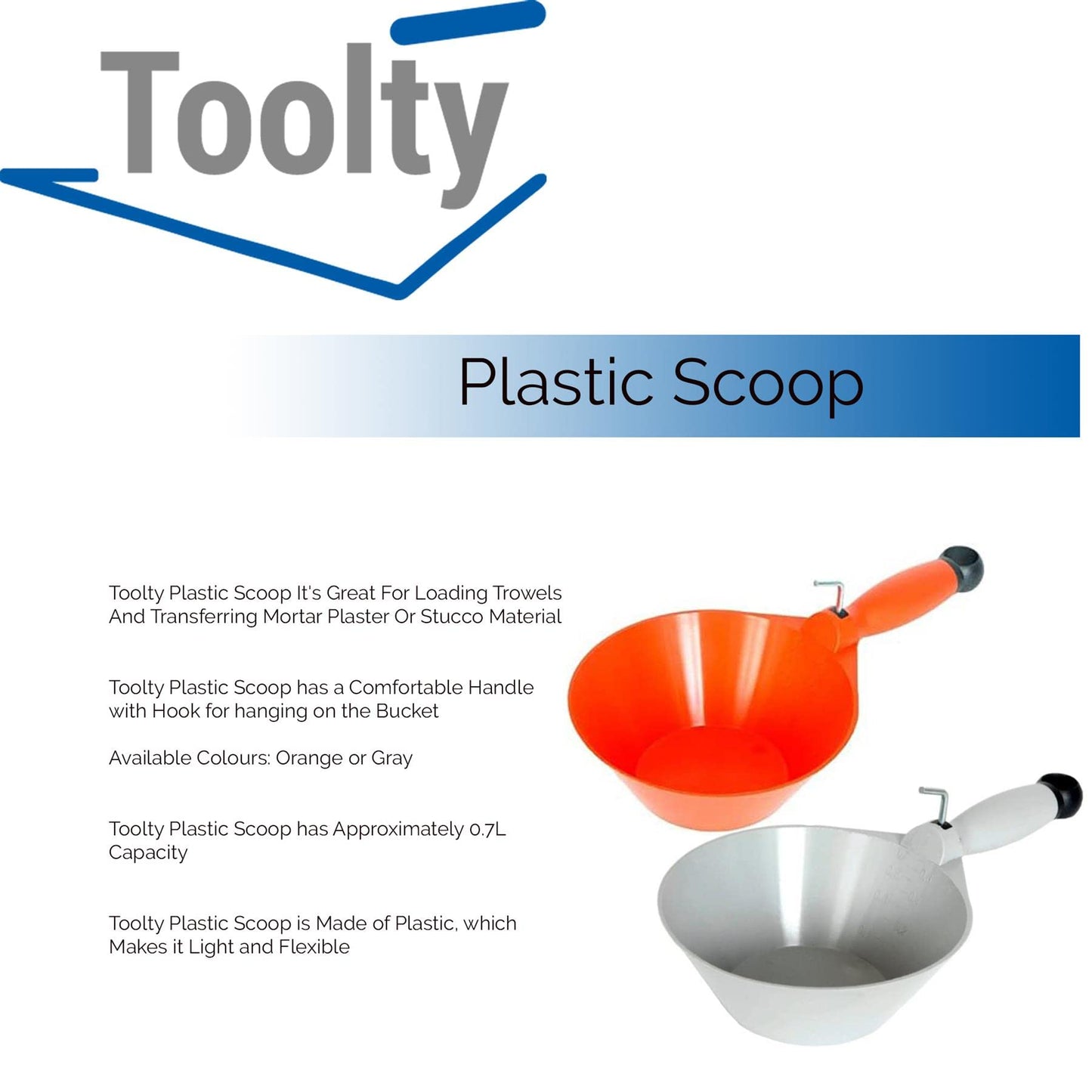 Proper Tools Toolty Plastic Scoop - 165mm Gray - Masonry Pan, PVC Scoops - Grain, Powder, Plaster, Water, DIY - TLTY-0412S