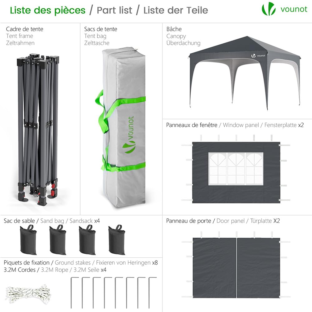 VOUNOT® 3m x 3m Pop Up Waterproof Gazebo with Sides & 4 Weight Bags & Carry Bag, Marquee Garden Party Tent Outdoor, Grey