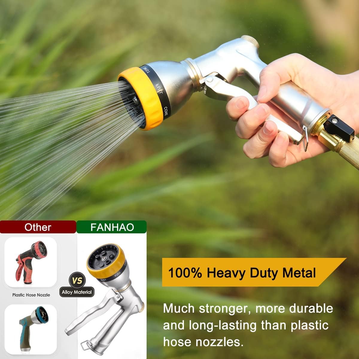 FANHAO Garden Hose Spray Gun, 100% Heavy Duty Metal Hose Pipe with 7 Patterns High Pressure Water Gun for Plant Watering, Car and Pet Washing, Sidewalk Cleaning