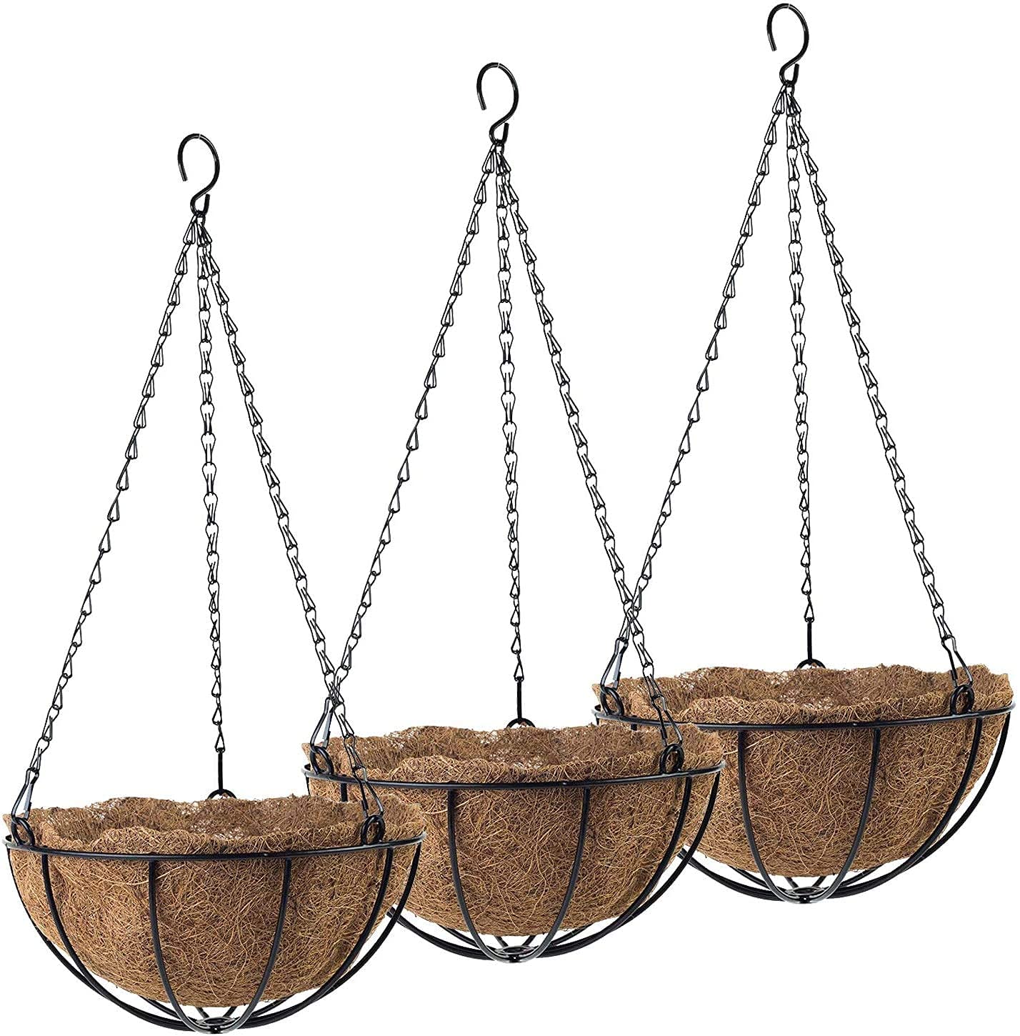 Tosnail 3 Pack Metal Hanging Planter Basket with Coco Coir Liner, Round Hanging Flower Plant Pot Metal Wire Plant Basket for Indoor Outdoor Garden Porch Decoration, 25cm