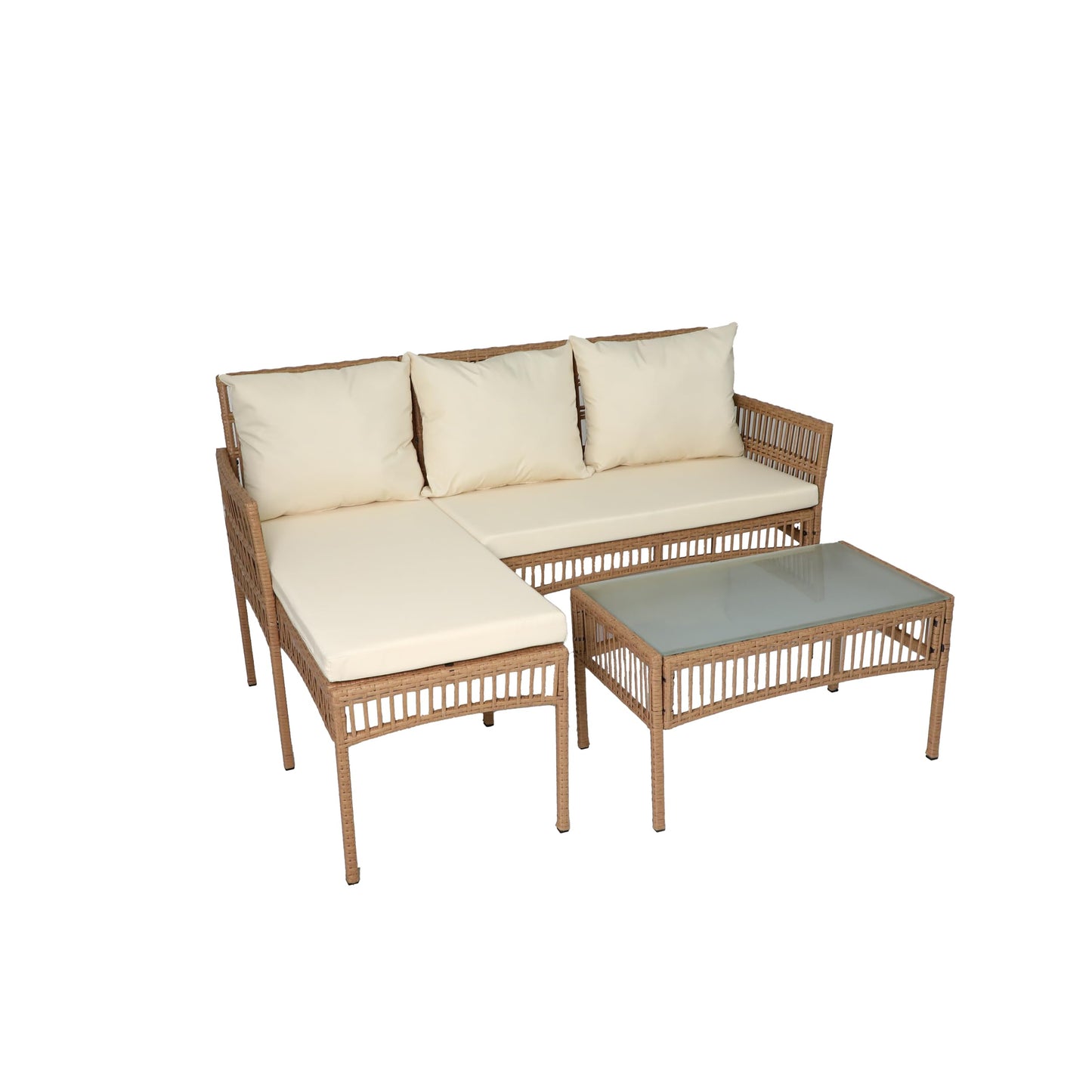 Neo 3 Piece Natural Rattan Wicker Rope Corner L Shaped Sofa Cushions Garden Patio Furniture Set Coffee Table