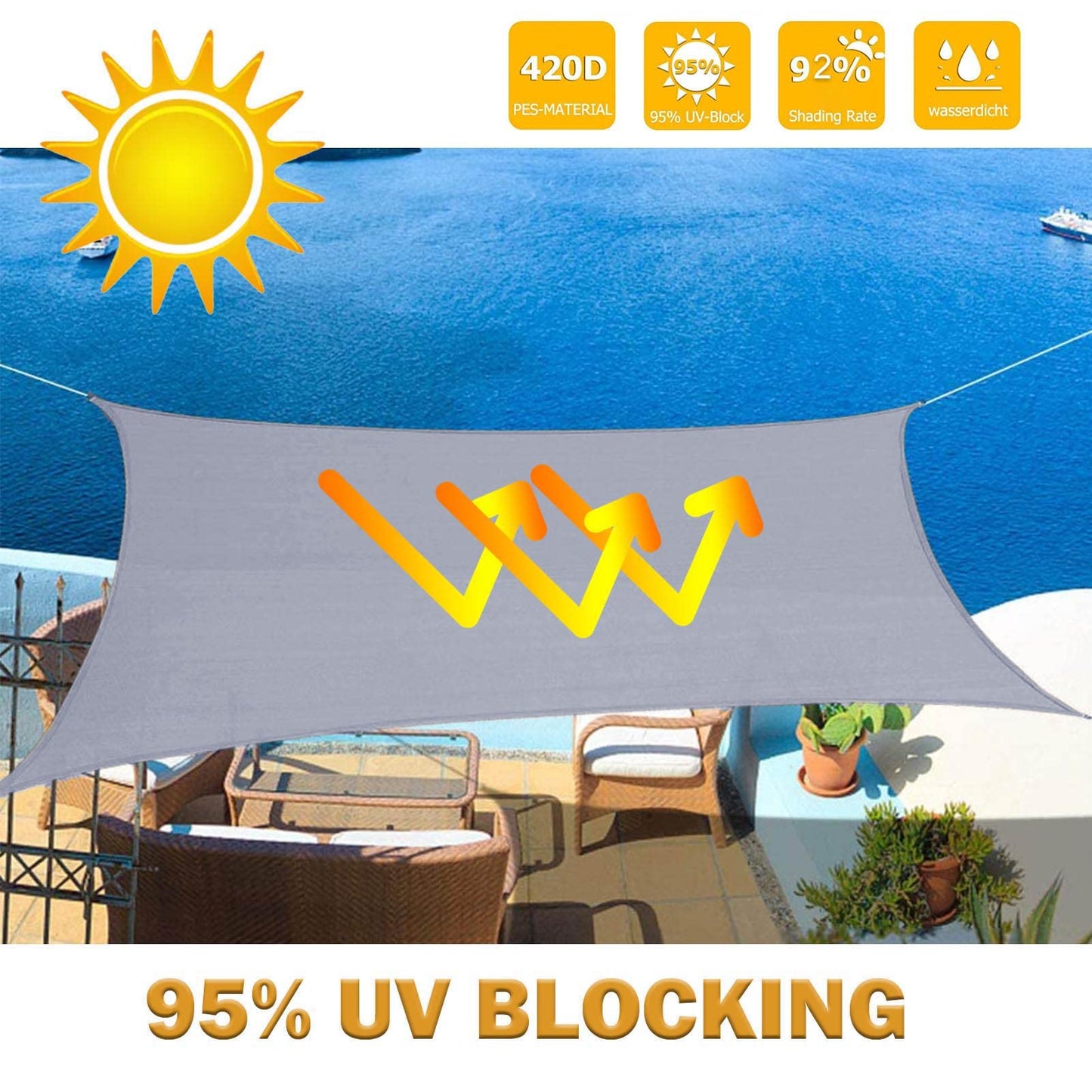 Sunal Sun Shade Sails 3m x 4m, Rectangle Waterproof Shade Sail for Garden, 98% UV Blocking Outdoor Sun Shade Shade Canopy with Free Rope for Outdoor Garden Pergola Patio Party Backyard Lawn, Grey