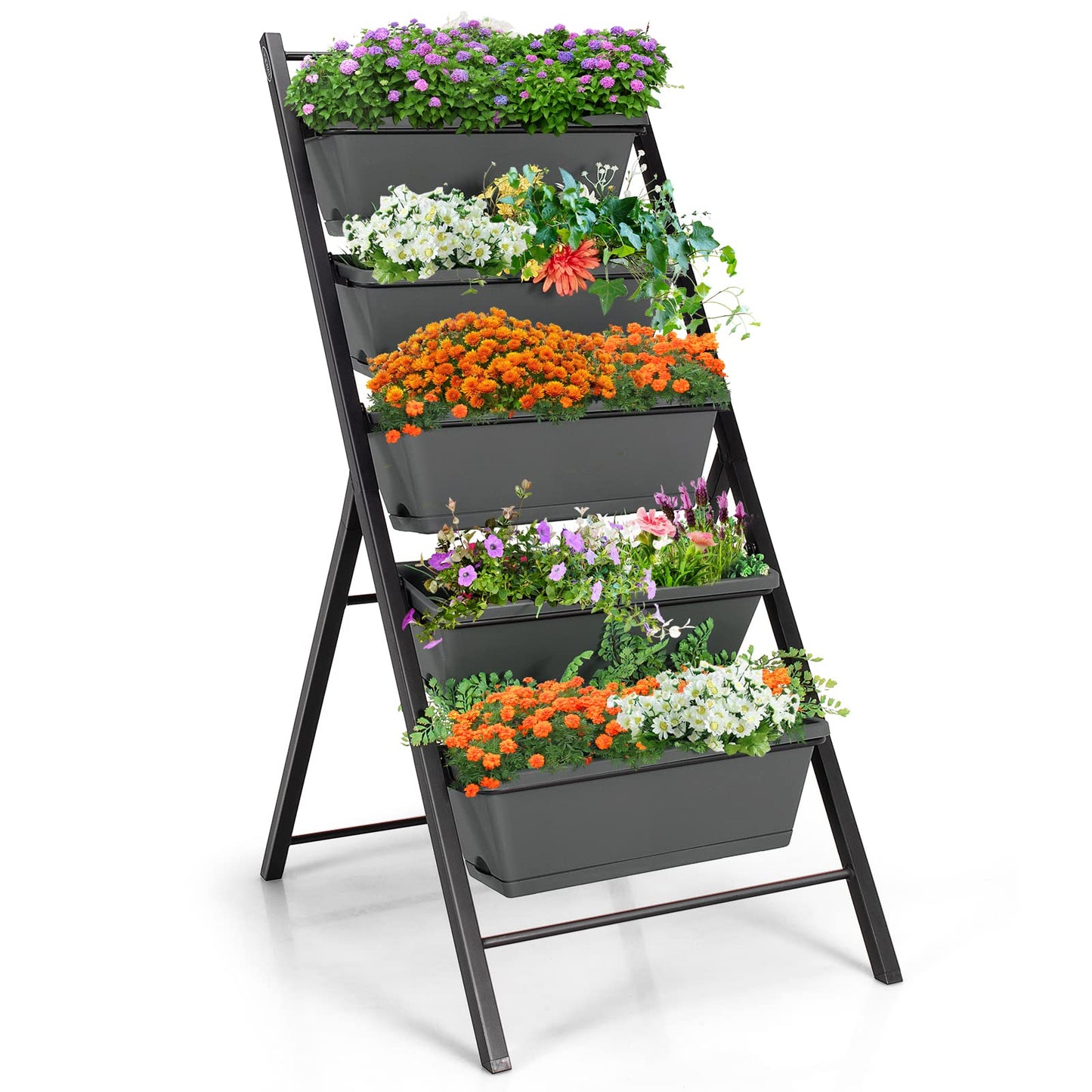 COSTWAY 5-Tier Raised Garden Bed, Vertical Garden Planter with 5 Removable Trays, Drainage Holes and Foot Pads, Indoor Outdoor Elevated Flower Herb Growing Box for Patio Yard Balcony (Grey)