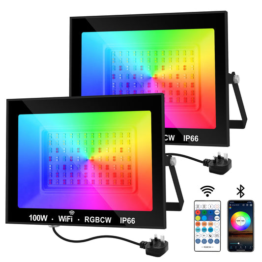 NATPOW RGB Floodlight, 100W Flood Lights Outdoor Smart Colour Changing with Remote&APP Control, LED Security Light IP66 Waterproof Wall Light for Garden, Courtyard, Landscap, Stage Decoration(2Packs)