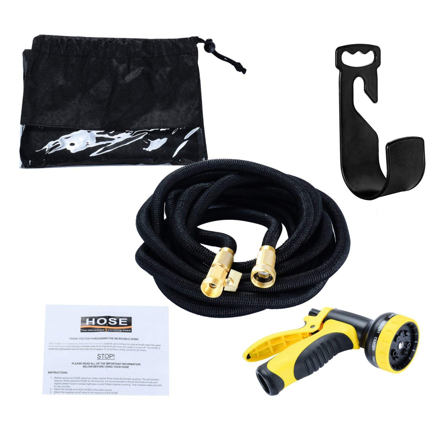 HmiL-U Garden Hose 150ft 45m Strongest Double Latex Inner Tube Prevent Leaking Magic Hosepipe with 9 Function Spray Gun-Solid Brass Fittings (Retracted Length 50ft)【2 YEARS 100% Guaranteed】(150ft)