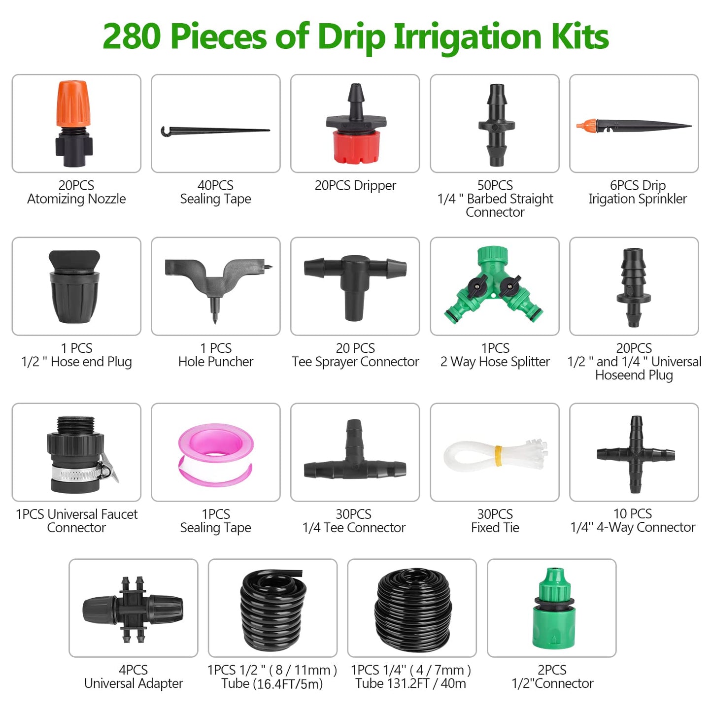 Drip Irrigation System, 280 Pcs Micro Drip Irrigation Kit, 147FT/45m Drip Irrigation Hose with Adjustable Nozzle Dripper Sprayer, Automatic Irrigation Garden Plant Watering Kit for Lawn, Garden, Patio