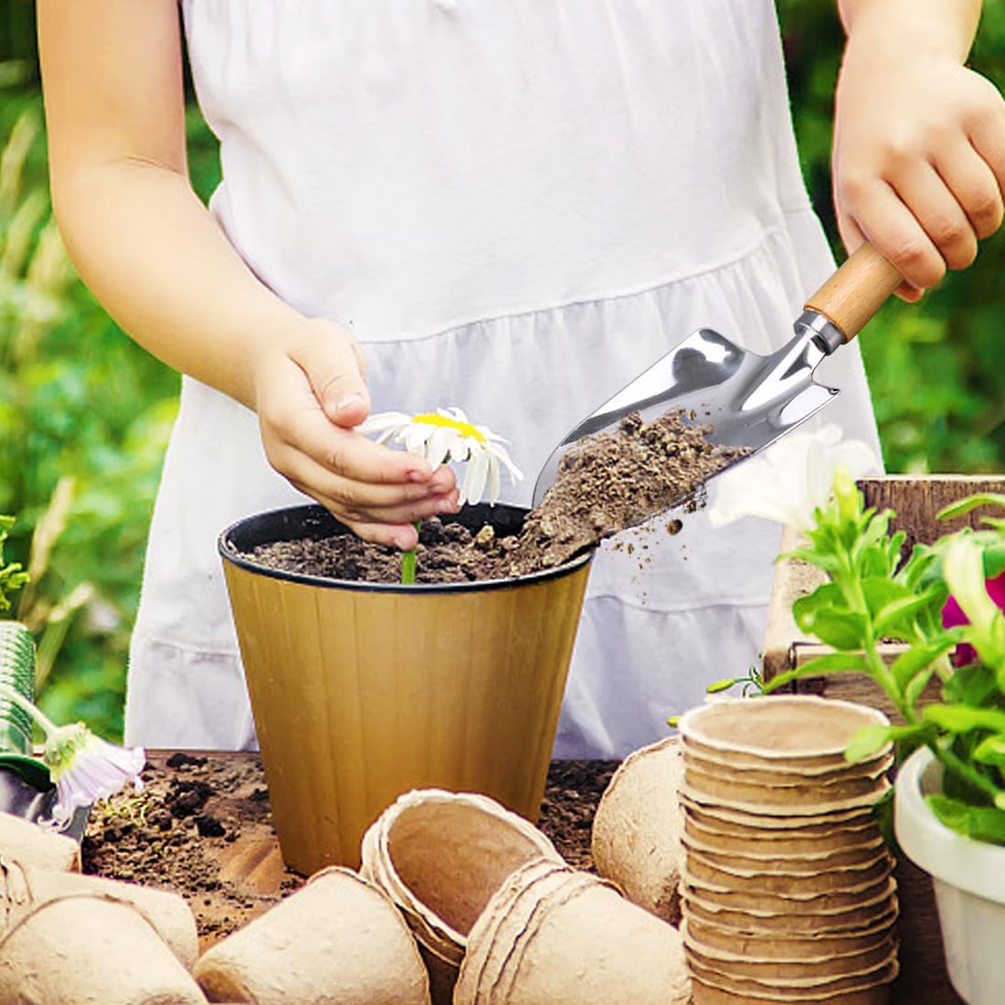 Garden Tool Set with Wood Handle, Aluminum Graduated Shovel, Garden Rake, Hand Fork, Transplant Shovel with Scale, 4Pcs Heavy Duty Hand Tools Set for Garden Planting