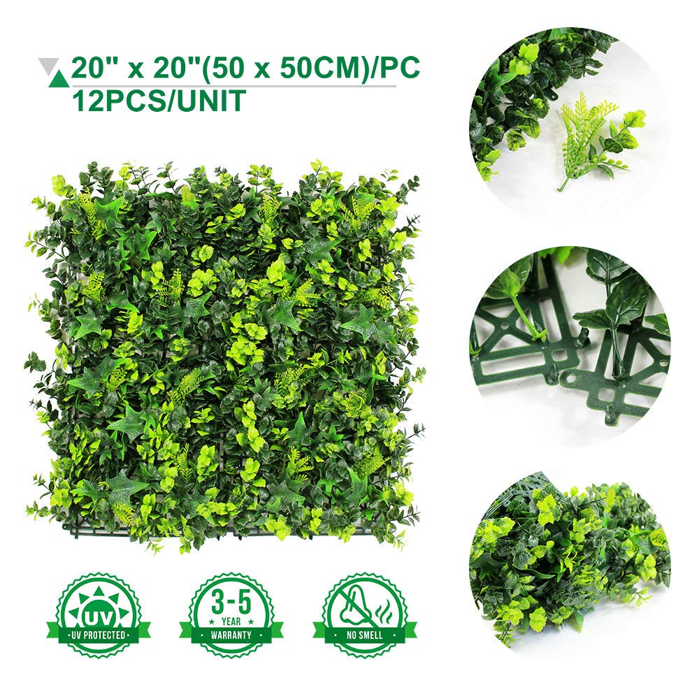 ULAND 12Pcs Pack Artificial Hedges Panels, Faux Square Green Leaves Topiary Mixed Ferns Shrub Grass Privacy Greenery Fence Wall Panels Cover Backdrop, Home Garden Outdoor Wall Decoration