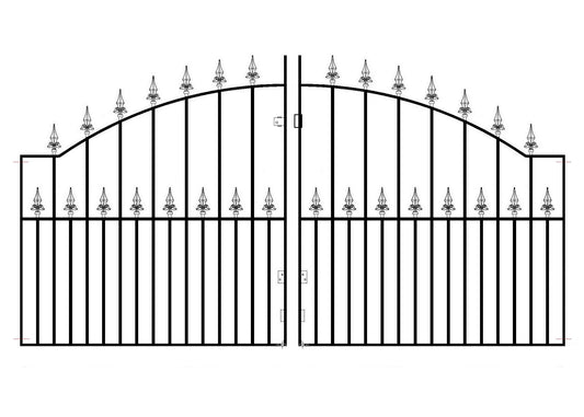 Saxon Arched Spear Top Metal Driveway Gates 1245mm High galvanised Wrought Iron Dual Swing gate (2438mm (8ft) Gap x 1245mm High SAZP13)