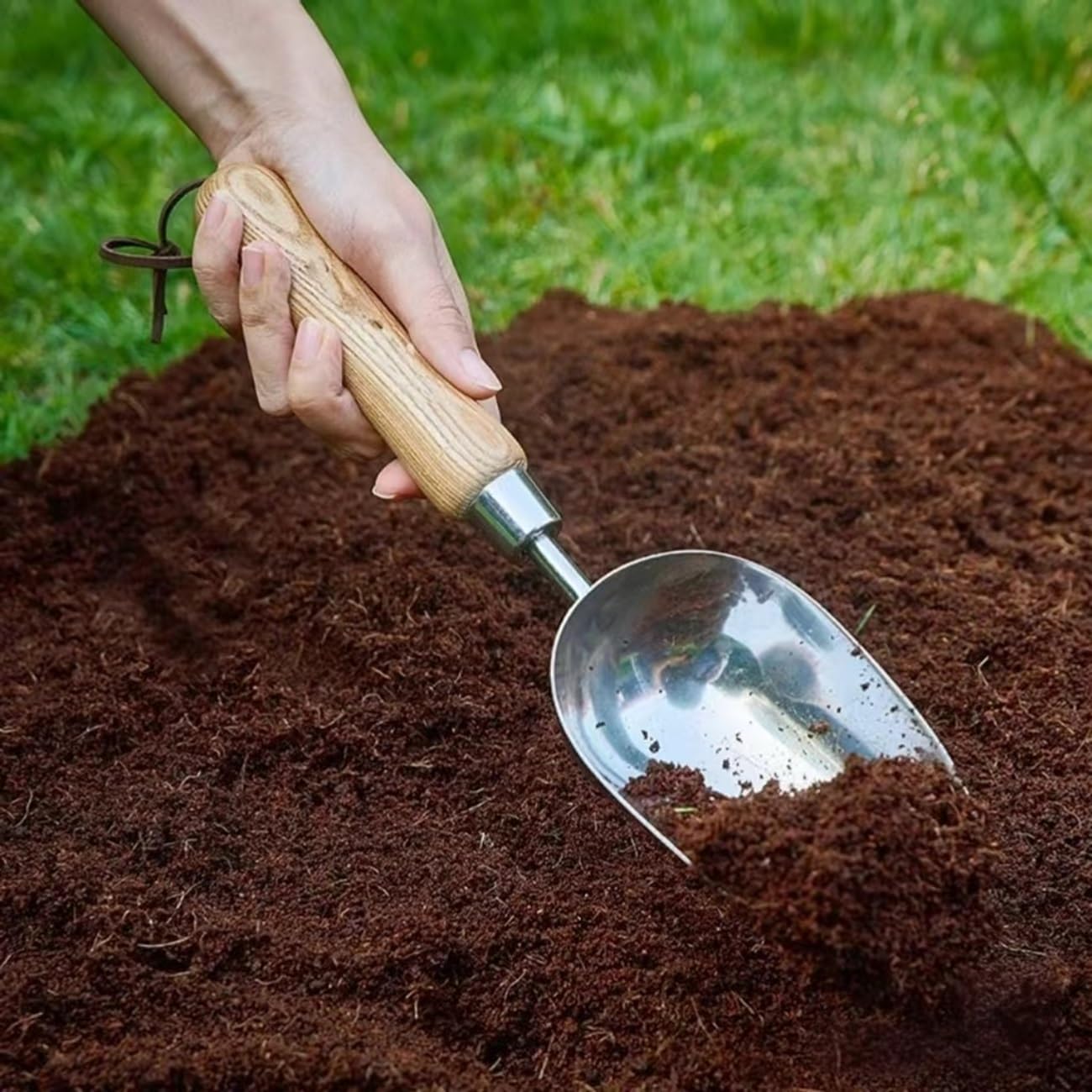 Stainless Steel Hand Potting Scoop with Wooden Handle, Soil Scoop for Indoor Plants and Compost,Compact Garden Scoop Trowel for Transplanting and Digging