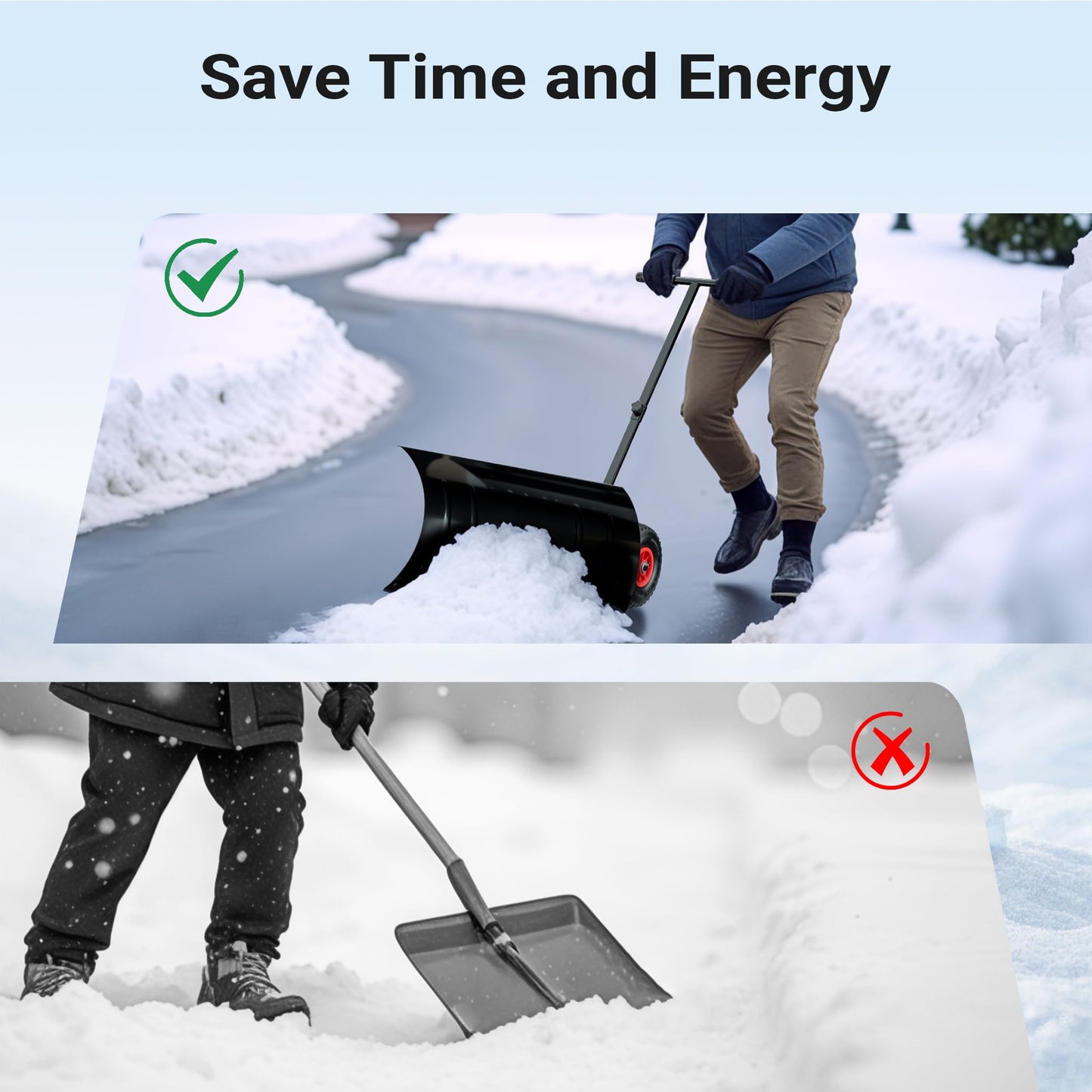 Wiltec Manual Snow Shovel with Wheels for Easy Snow Shovelling, Sturdy Snow Blade, Adjustable Handle, Rubber Tyres, Ideal Tool for Clearing Driveways and Large Areas with Minimal Effort, Snow Pusher