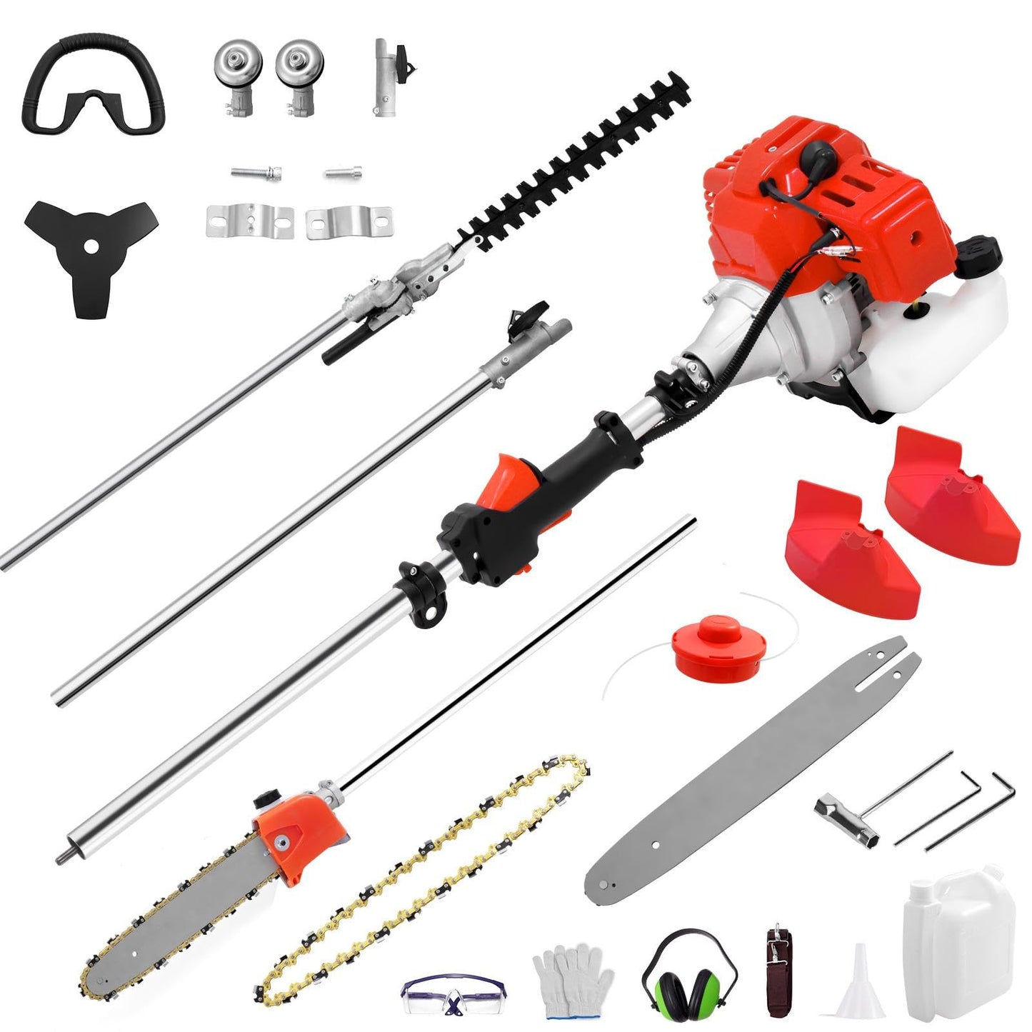 52cc Petrol Strimmer, 5 in 1 Multi Function Petrol Hedge Trimmer Garden Strimmer, String Trimmer, Brush Cutter with 3T Blade, Steel Wire Strimmer Weed Chainsaw