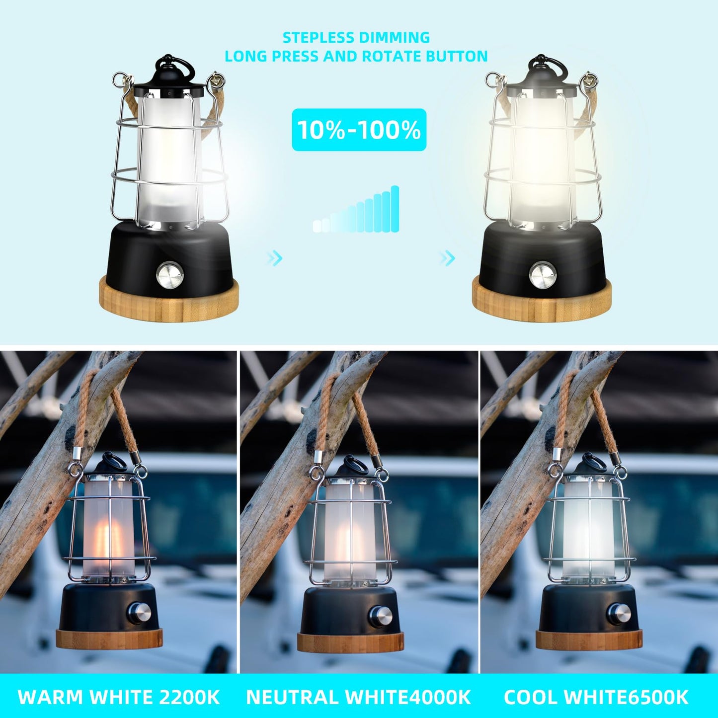 HARPER LIVING Rechargeable Camping Light, LED Retro Water Resistant Lantern, 5000mAh Power Bank, Dimmable Tent Light Rechargeable Lanterns for Living Room, Camping, Fishing, Hiking, Power cuts