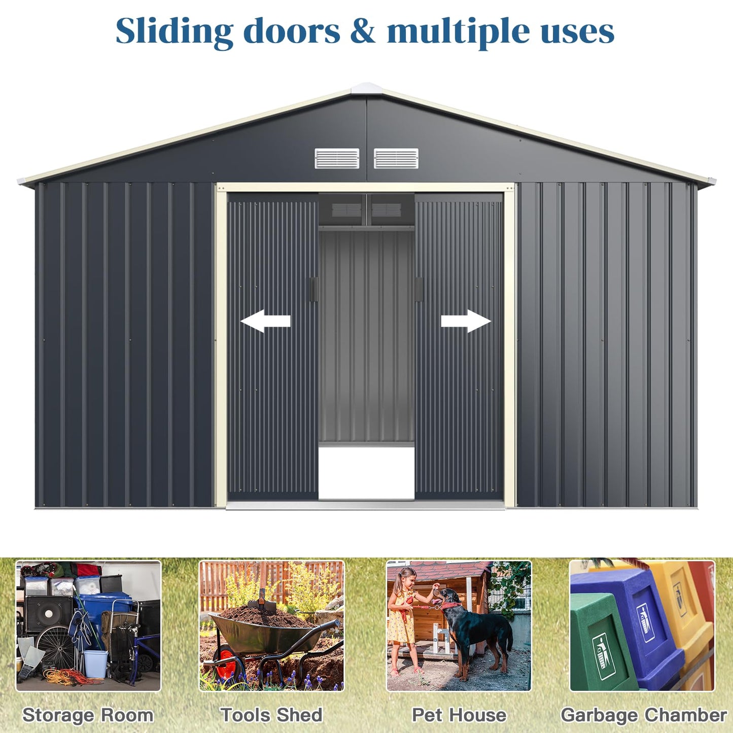 GiantexUK 7x4FT/9x6FT/9x8FT/11x8FT Metal Garden Shed, Outdoor Galvanized Storage House with 2/4 Vents & Lockable Sliding Doors, Slope Roof Utility Shed Building (11x8FT, 4 Vents)