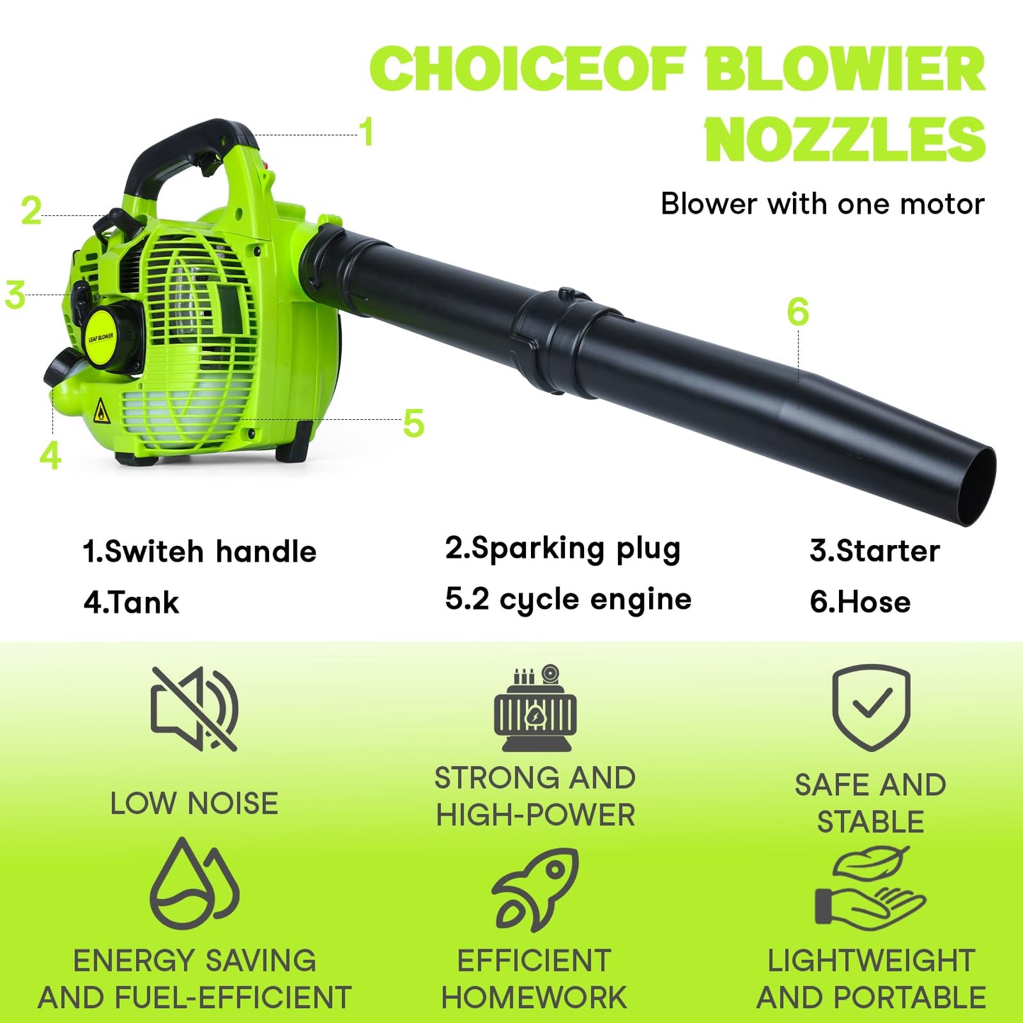 Cordless Petrol Leaf Blower, 26cc Snow Grass Lawn Blowers, Vacuum Powerful 2 Stroke Air Cooled Engine, Portable Handheld, For Blowing Leaves, Wood Chips, Dust, Garden Debris, Grass Cuttings (Green-A)