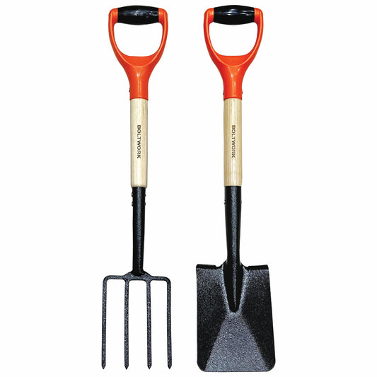 BOLTWORK Shovel & Garden Fork Set Micro 76cm Long For Digging Soil Hardened Fork Heads Blades Wooden Shaft PVC Handle 1% Of Sale Value Will Be Donated To Children’s Hospital