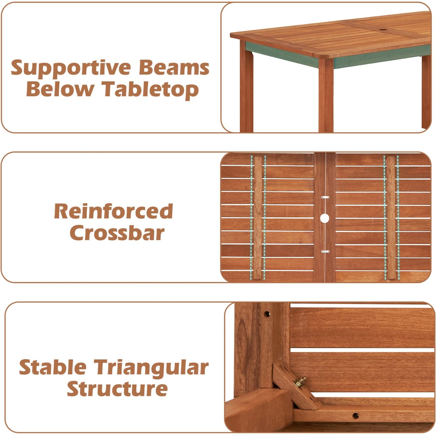TANGZON Large Garden Table for 6, 150 x 90cm Rectangular Outdoor Dining Table with 5cm Parasol Hole & Slatted Top, Hardwood Patio Bistro Tables Furniture for Balcony Backyard Lawn