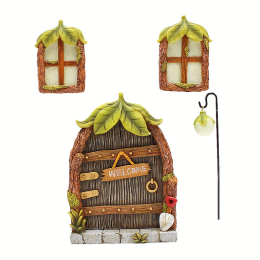Bemodst Fairy Door, Miniature Garden Ornament with 2 Glowing Windows, Garden Sculpture Tree Decoration, Outdoor Patio Art Tree Decoration Garden