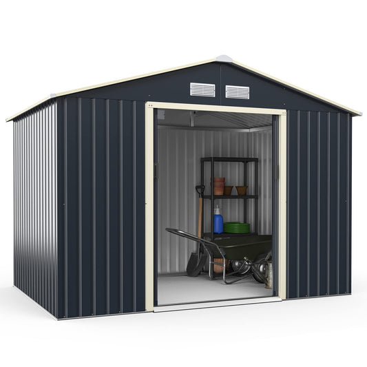 COSTWAY 7’x4’/8’x4’/9’x6’/11’x8’ Metal Storage Shed, Outdoor Lockable Tool Storage Box with 2/4 Vents, Double Sliding Door and Sloped Roof, Weatherproof Garden Shed House Hut (9 x 6FT, 4 Vents)