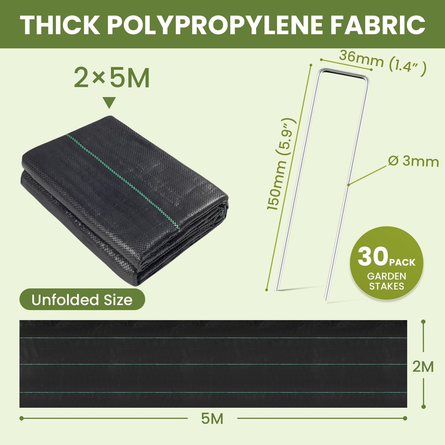 Velway Weed Control Membrane 2x5M - with 30 Garden Pegs Heavy Duty Weed Control Barrier Fabric Landscaping Ground Cover Weed Suppressant Membrane for Artificial Grass Patio Paths Flower Beds