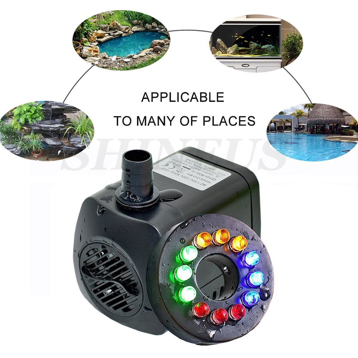 Submersible Water Pump, 15W 800L/H Fountain Pump with 12 Color LED Light for Fountain Pool Garden Pond Fish Tank Aquarium Water(With Plug)