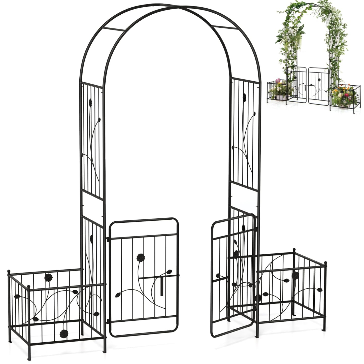 COSTWAY Garden Arch with with Gate and Planter Boxes, 2.2M Metal Pergola Arbor Trellis for Climbing Plant Rose Vines, Plants Support Archway for Lawn Backyard Party Wedding
