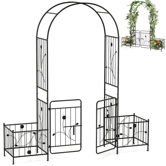 COSTWAY Garden Arch with with Gate and Planter Boxes, 2.2M Metal Pergola Arbor Trellis for Climbing Plant Rose Vines, Plants Support Archway for Lawn Backyard Party Wedding