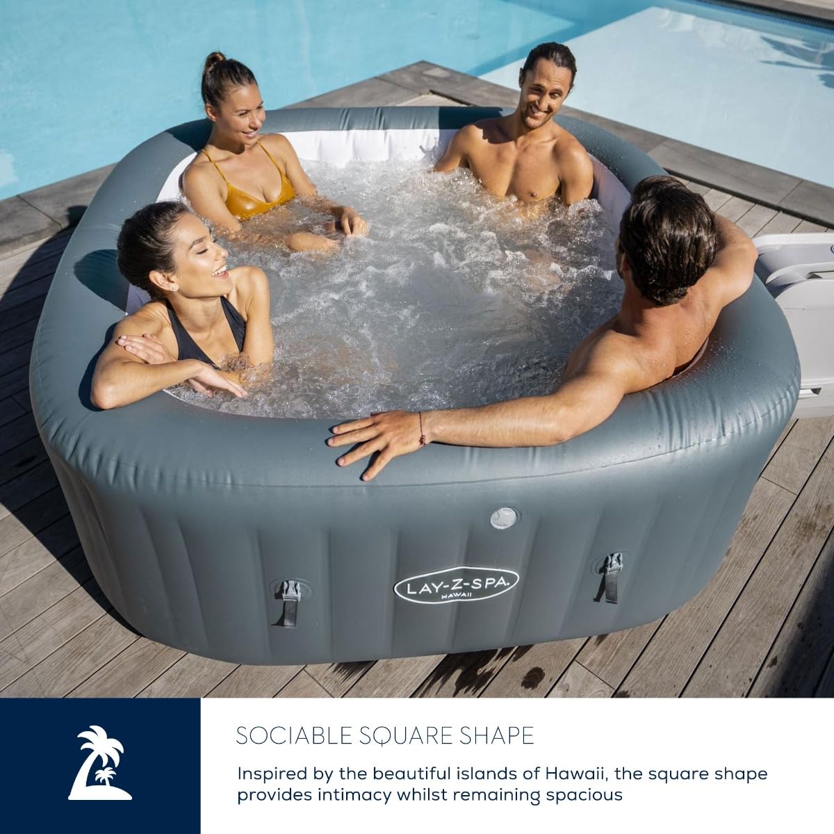 Lay-Z-Spa Hawaii Hot Tub, 8 HydroJet Pro Massage System Inflatable Spa with Freeze Shield Technology and Sociable Square Shape, 4-6 Person