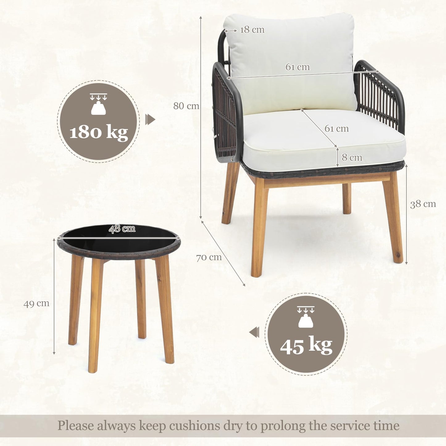 COSTWAY 3PCS Rattan Bistro Set, String Garden Furniture Set with 2 Armchairs, Glass Coffee Table, Cushions and Acacia Wood Legs, Outdoor Wicker Conversation Table Chair Set for Deck Yard Terrace