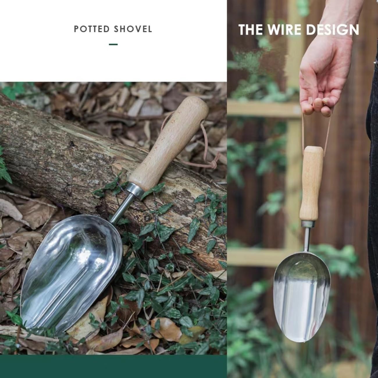 Stainless Steel Hand Potting Scoop with Wooden Handle, Soil Scoop for Indoor Plants and Compost,Compact Garden Scoop Trowel for Transplanting and Digging