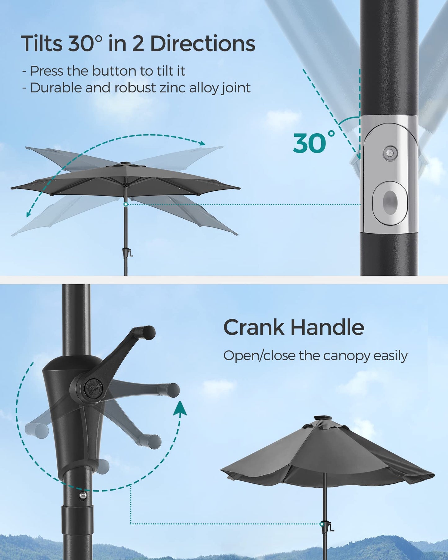 SONGMICS Parasol 300 cm with LED Solar Lighting, 32 LED Lights, UV Protection UPF 50-, 30° Bendable, for Garden, Patio, Pool, Balcony, without Stand, Grey GPU33GY