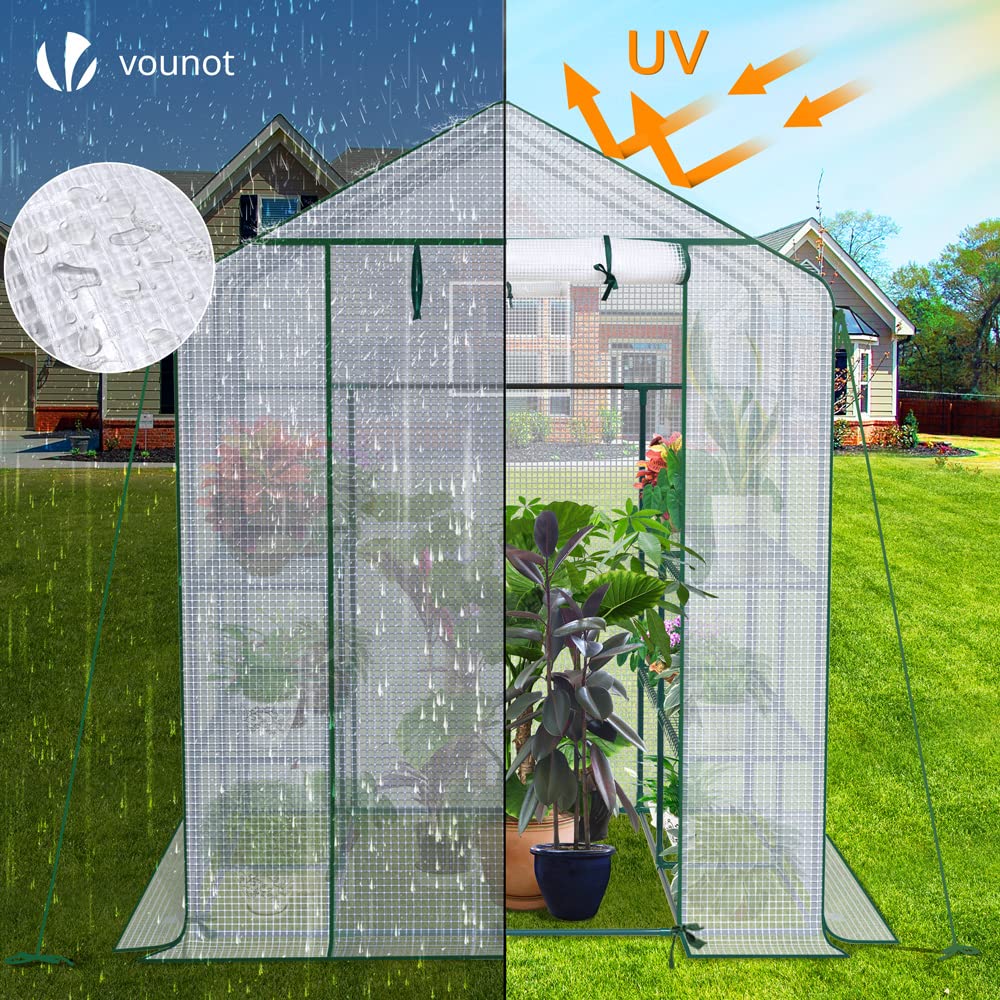 VOUNOT® Walk In Greenhouse with Shelves, Roll up Zip Panel Door Garden Plastic Polytunnels Grow House for Outdoor Use, White 143x143x195cm