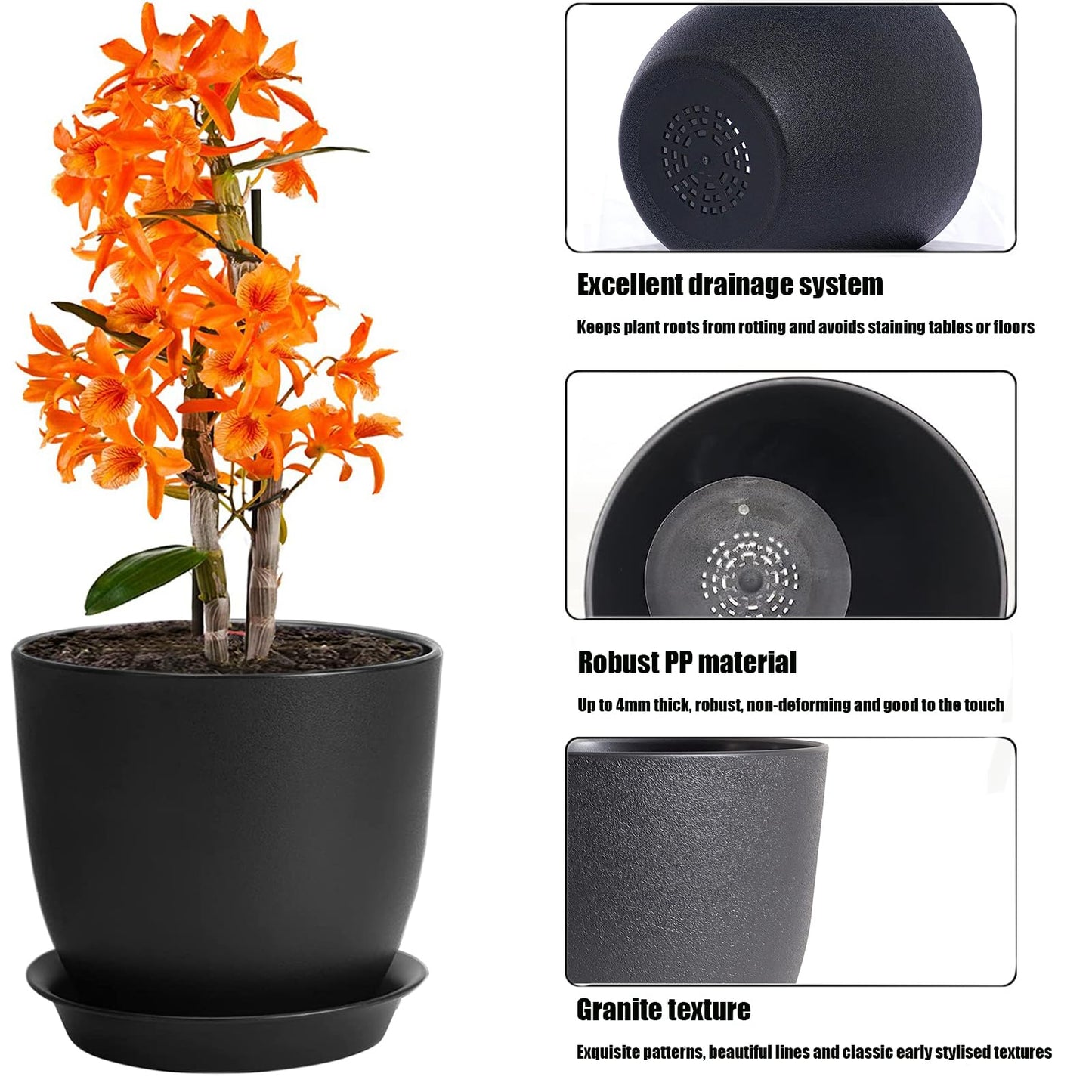 PROFIKLA 20cm, 18cm, 16cm Plastic Plant Pots, Plant Pots with Drainage Holes and Saucers, A Set of 3 Flower Pots, Modern Decorative Planters, Black