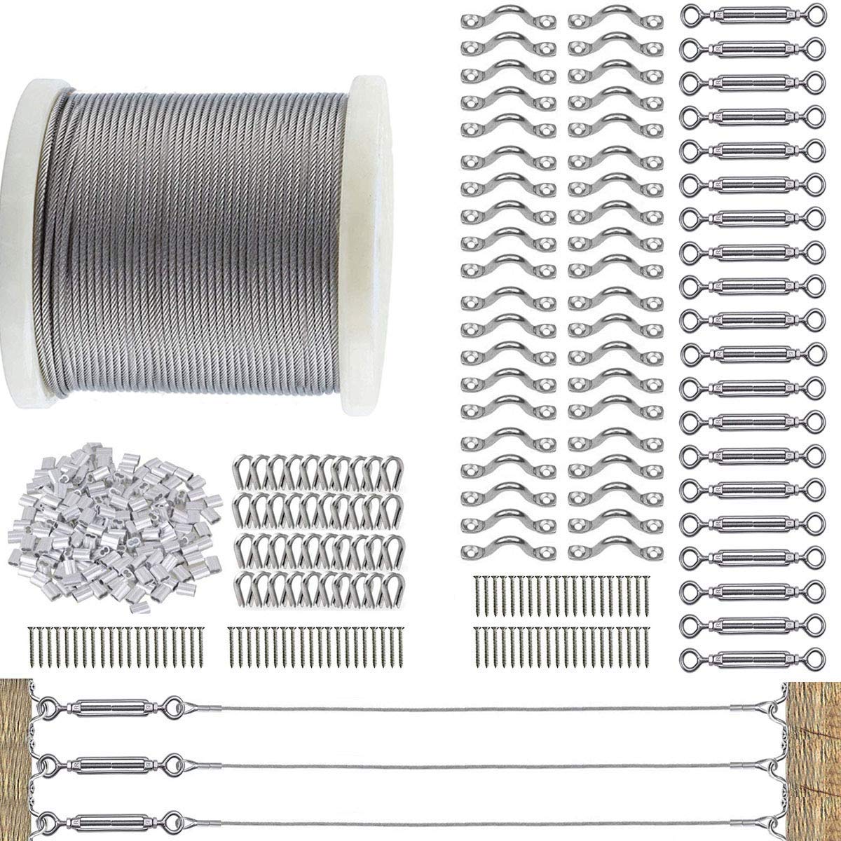 TooTaci 3mm Wire Rope Kit, Balustrade Wire Kit, 122M/ 3mm Stainless Steel Wire Rope, Steel Cable 7×7 Strands, with 20pcs M5 Turnbuckle Wire Tensioner Kit, 3mm Wire Balustrade Kits for Decking, Fencing