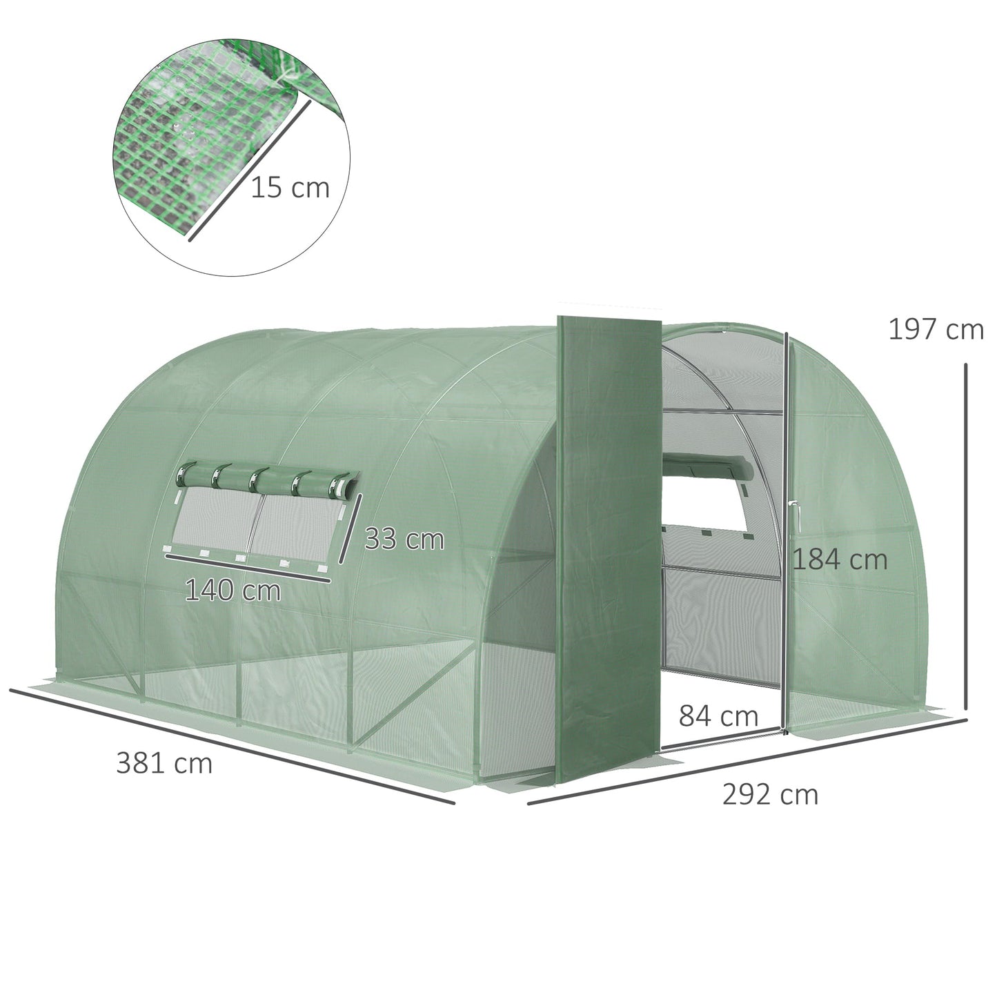 Outsunny Large Polytunnel Walk In Greenhouse, Plant Gardening Tunnel Green House with Metal Hinged Door, Galvanised Steel Frame & Mesh Windows, Green (3 x 4 m)