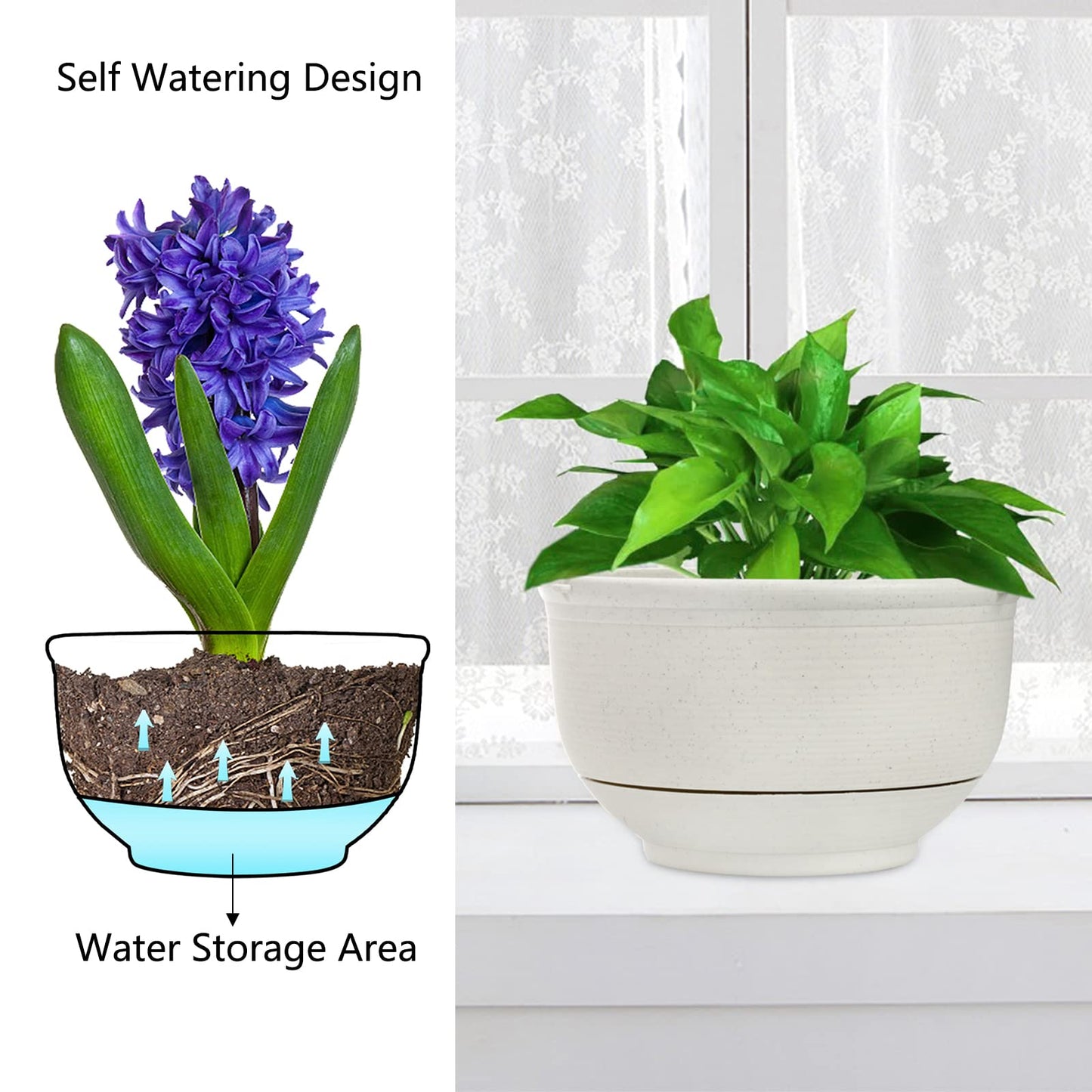 ZEAYEA Set of 2 Hanging Planter, 9 Inch Self Watering Hanging Flower Pot for Indoor Outdoor Plants, Plastic Plant Pot Container with Hanging Chain for Home Garden Decoration, White