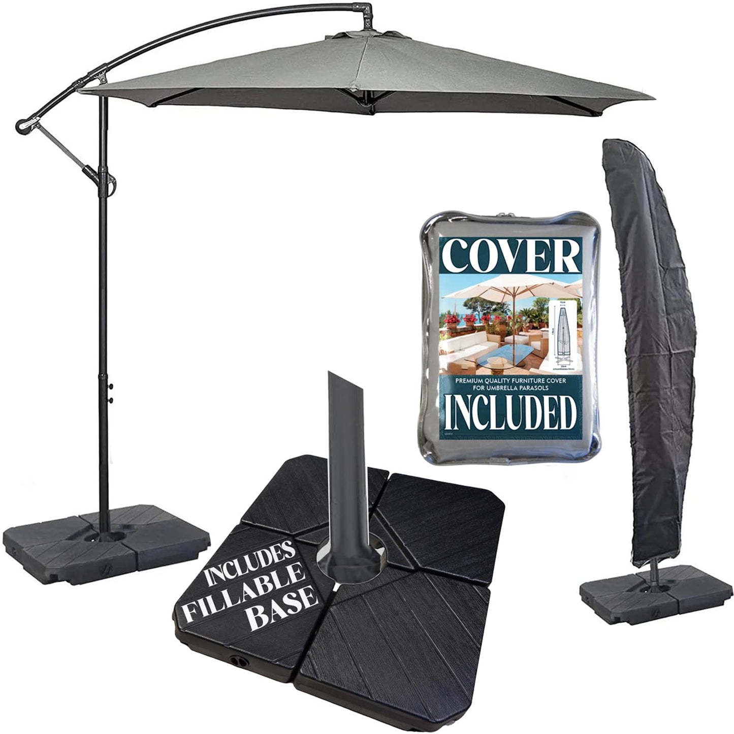GardenCo 3m Cantilever Banana Parasol INCLUDES BASES & COVER - Hanging Parasol with Crank Handle - Outdoor Garden and Patio Sun Shade (Grey)