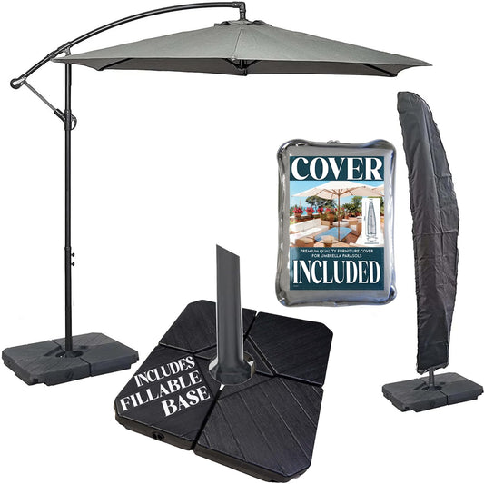 GardenCo 3m Cantilever Banana Parasol INCLUDES BASES & COVER - Hanging Parasol with Crank Handle - Outdoor Garden and Patio Sun Shade (Grey)
