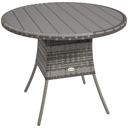 Outsunny 90cm PE Rattan Outdoor Dining Table, Patio Table with Wood-plastic Composite Top for Balcony, Garden, Grey