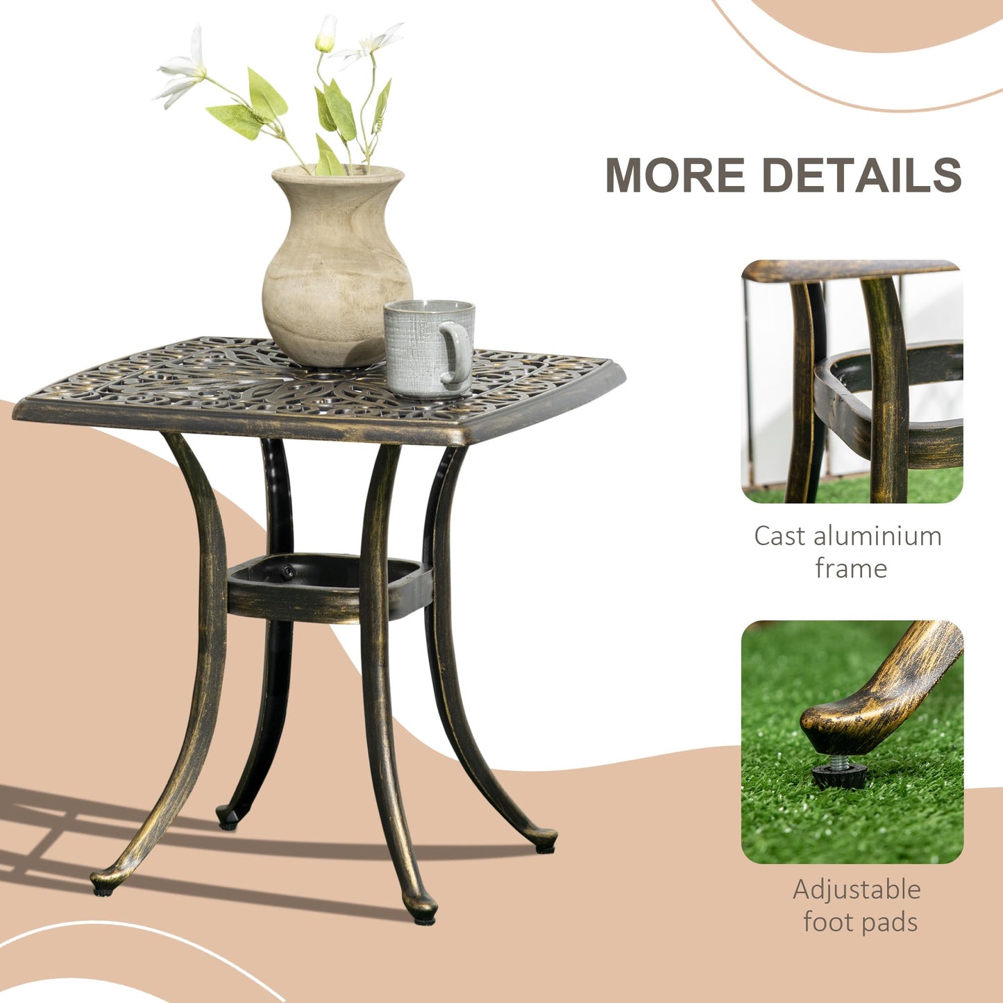 Outsunny Outdoor Garden Table with 38mm Dia. Umbrella Hole, Cast Aluminium Patio End Table with Anti-slip Foot Pads for Garden, Patio, Balcony, 54 x 54cm, Bronze Tone