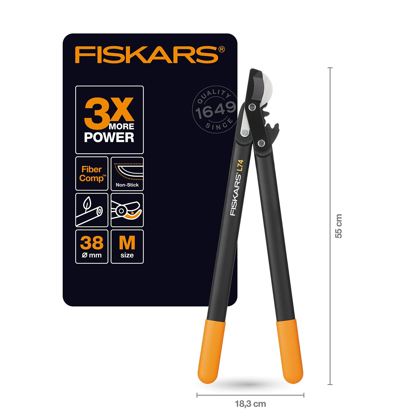 Fiskars PowerGear Loppers Bypass, Hook Head (M) L74, Hook Head, Non-stick coating, Cutting diameter: 3.8 cm, Hardened steel, Length: 55 cm, Black/Orange, 1000582