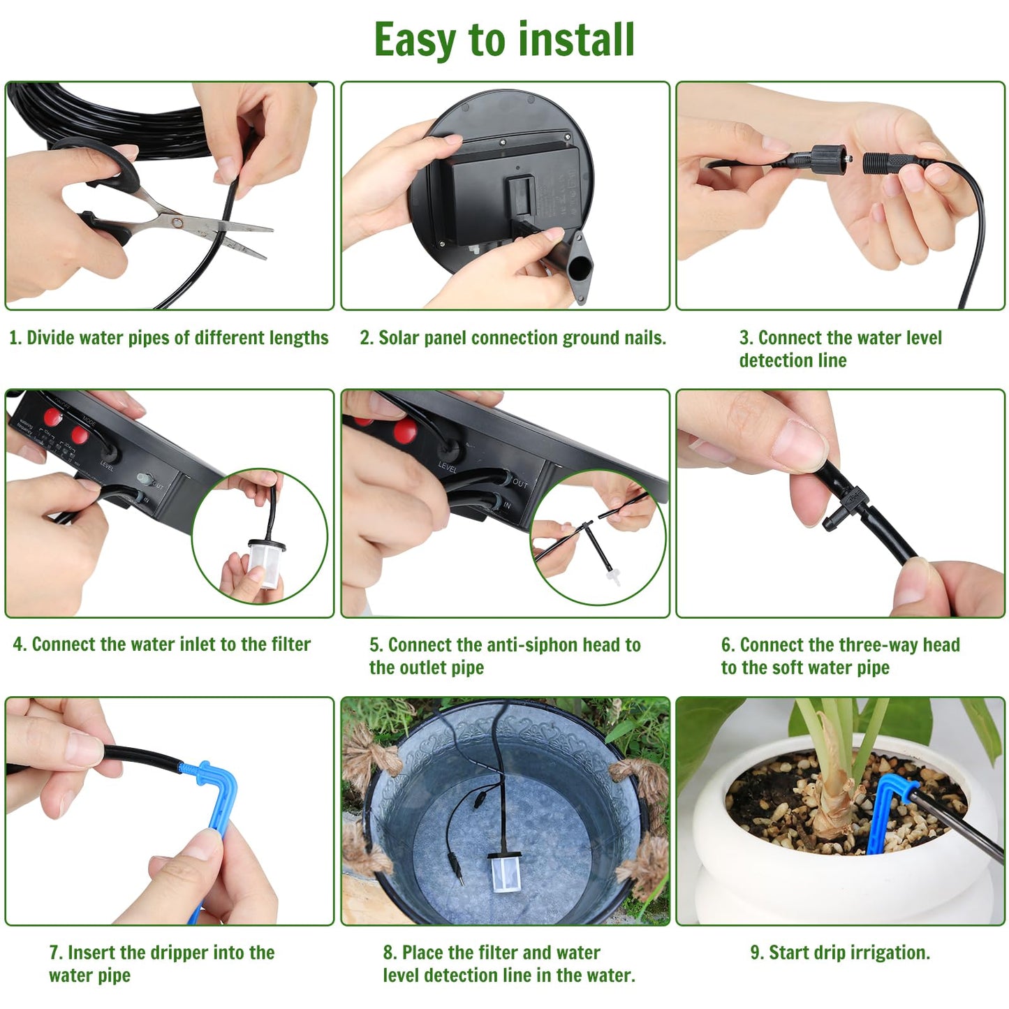 TRJZWA Solar Irrigation System Kit,2024 New Solar Garden Irrigation System DIY Automatic Watering System,2200mAh Solar Drip Irrigation System with 15 Drippers/15m Watering Hose/Early Warning Function