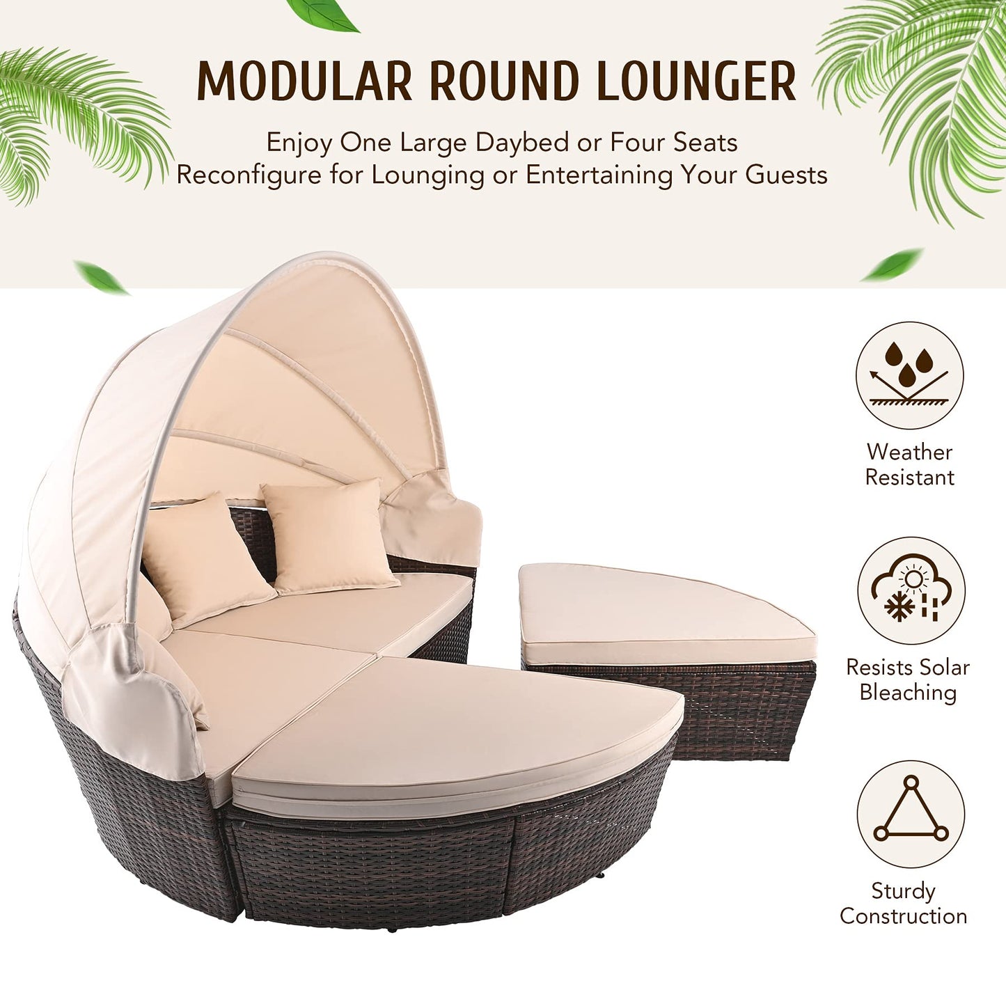 VONLUCE 4 Piece Modular Wicker Garden Daybed, Outdoor Sectional Sofa Set with Rattan Daybed or 4 Chairs, Retractable Canopy and Pillows, Beige