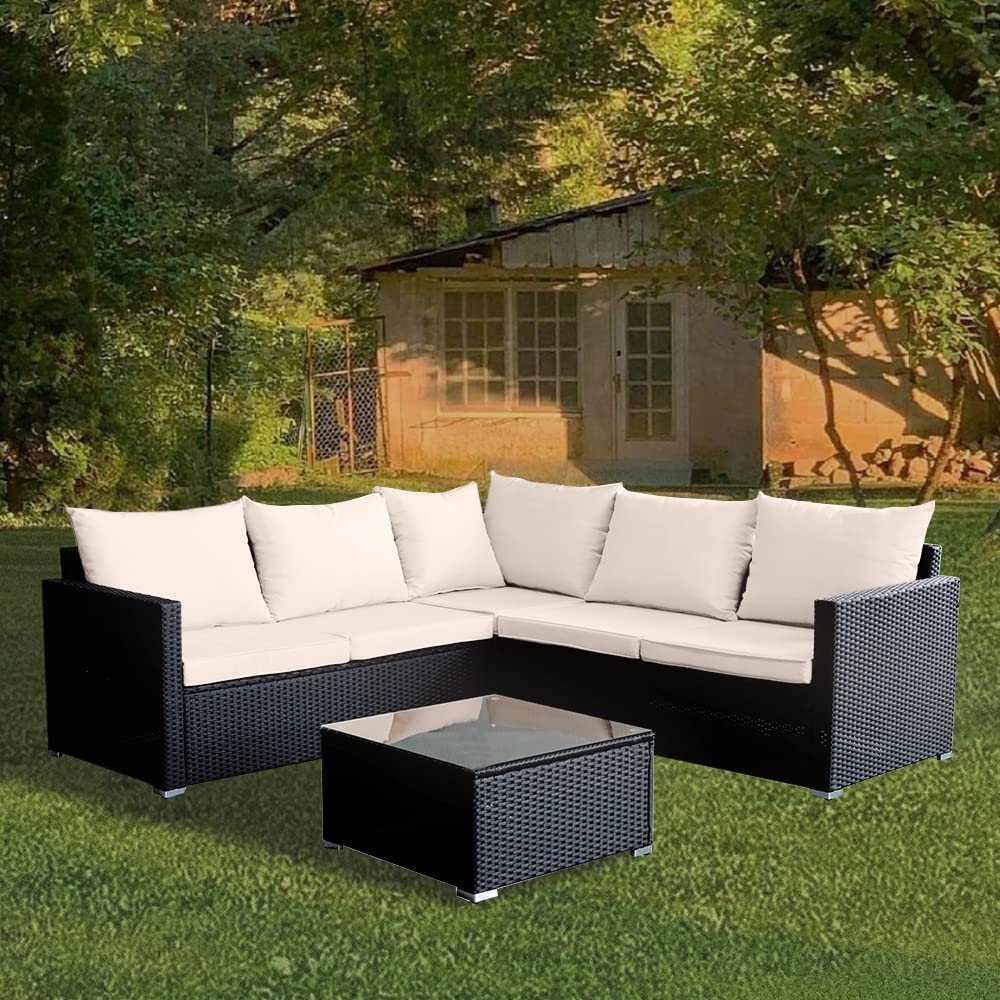 Panana Rattan Furniture Set 5 Seater Lounge Corner Sofa Set with Table Stool and Cover Garden Patio Conservatory Outdoor (Black Wicker with Beige Cushions)