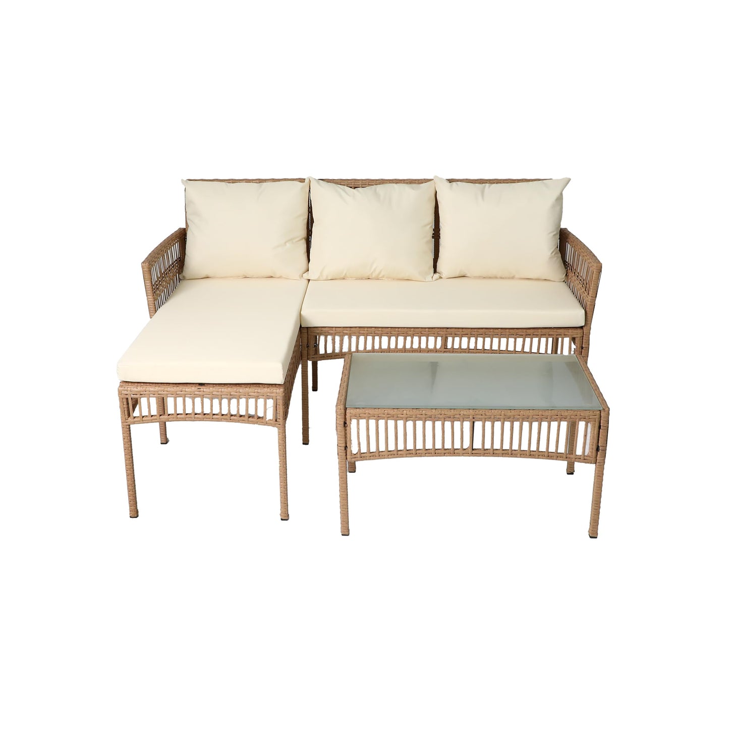 Neo 3 Piece Natural Rattan Wicker Rope Corner L Shaped Sofa Cushions Garden Patio Furniture Set Coffee Table