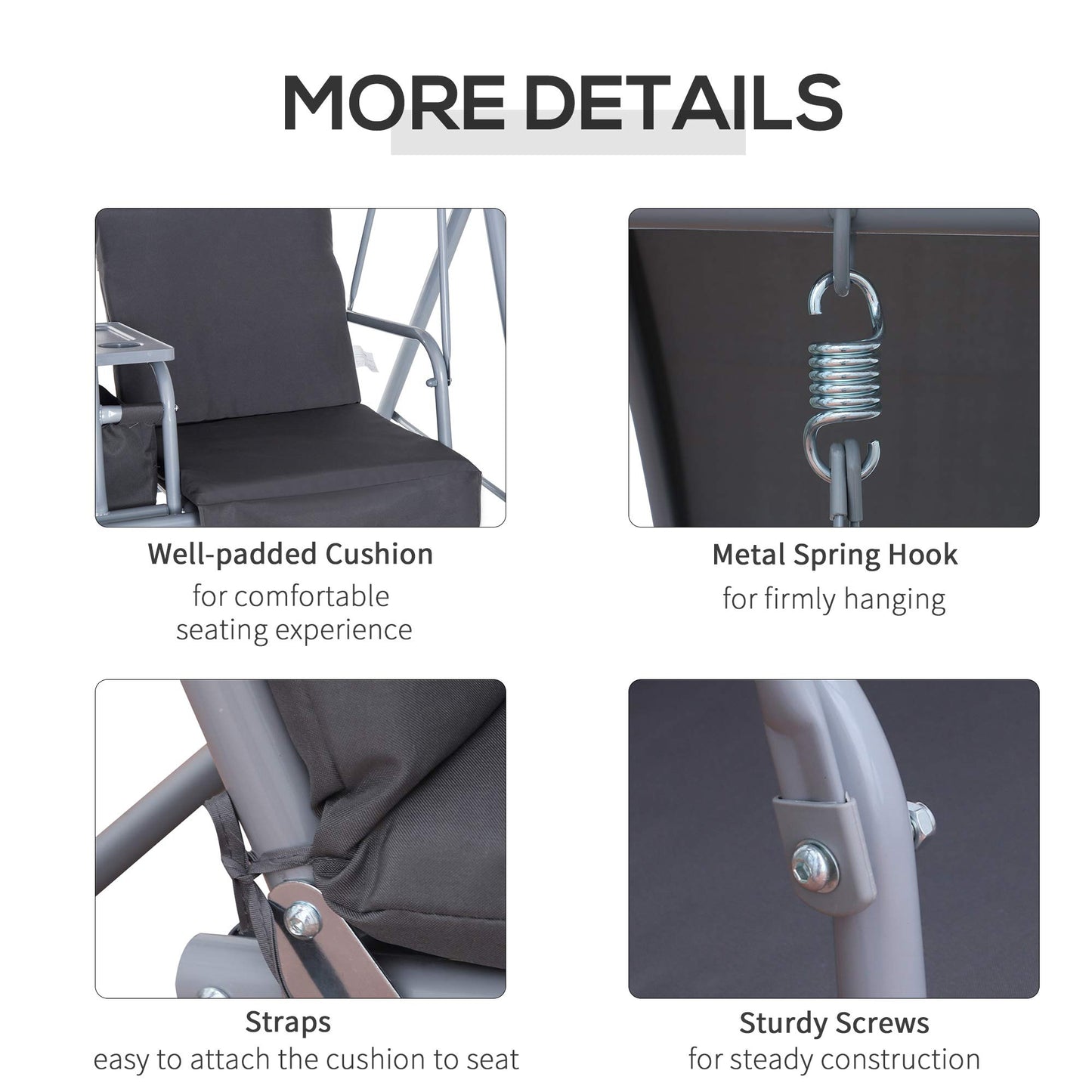 Outsunny 2 Seater Garden Swing Chair Patio Rocking Bench w/Tilting Canopy, Double Padded Seats, Storage Bag and Tray, Grey